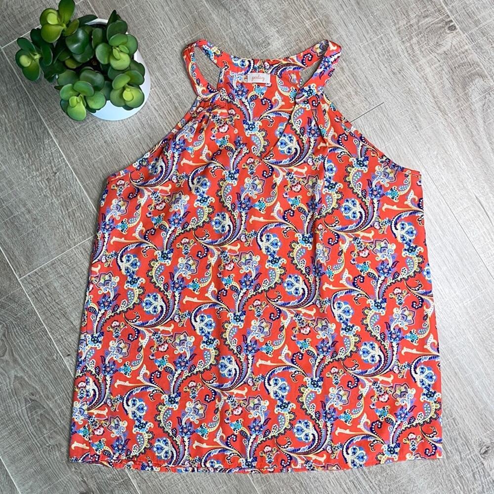 PIXLEY Women's Coral Blue Paisley Floral Halter Tank Top